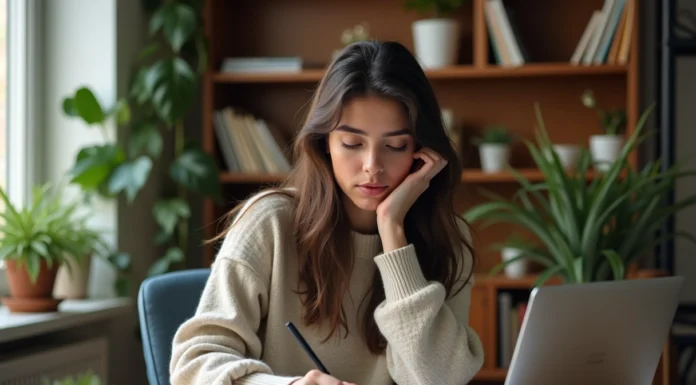 Jeune femme concentrée dans un bureau à domicile