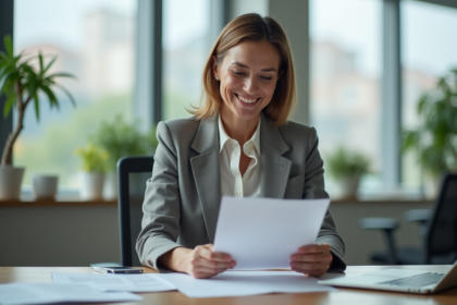 Femme en blazer souriante dans un bureau moderne