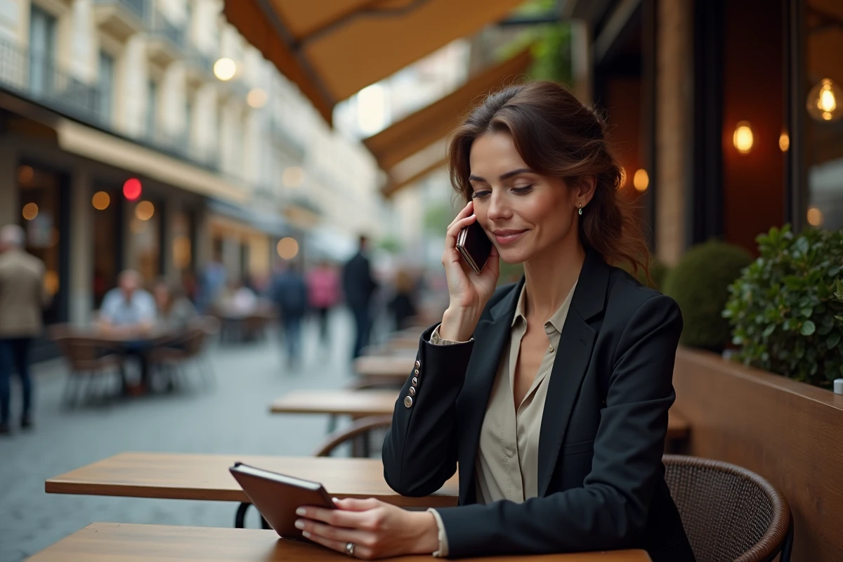 Femme élégante au café parlant au téléphone