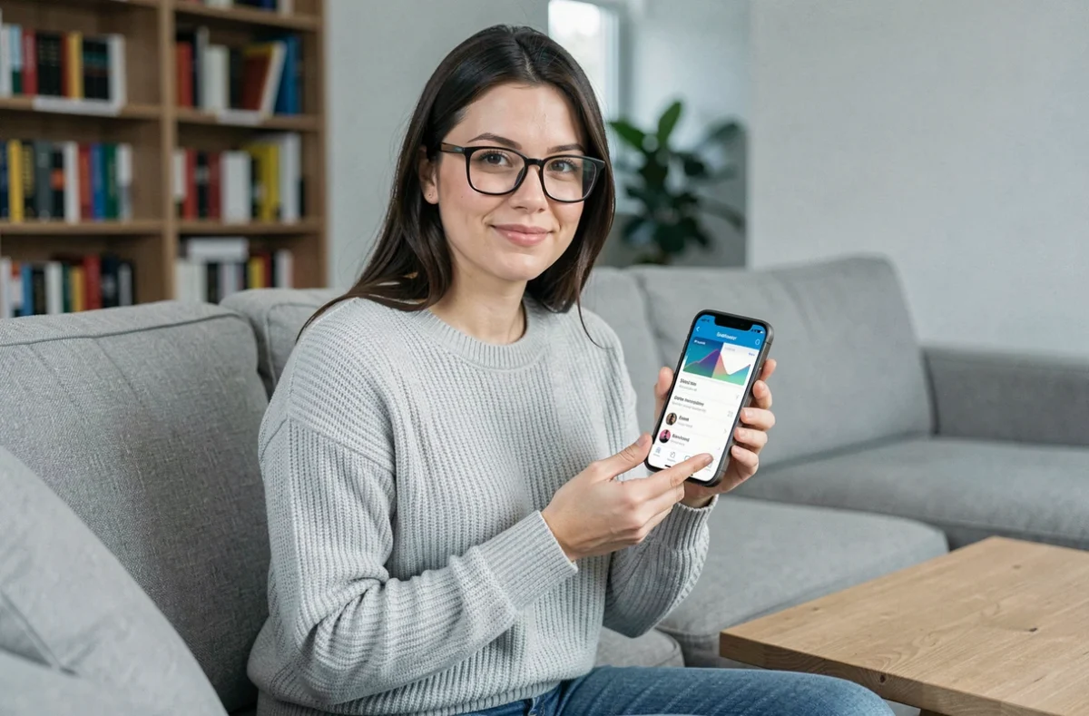 Femme consultant une comparaison gratuit versus payant pour le jeu Aeonscope sur son smartphone dans un salon