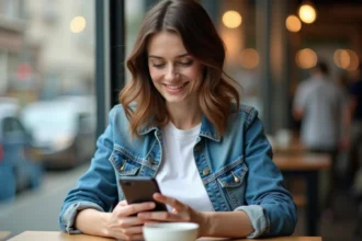 Femme comparant des forfaits mobiles Lycamobile sur son smartphone dans un café