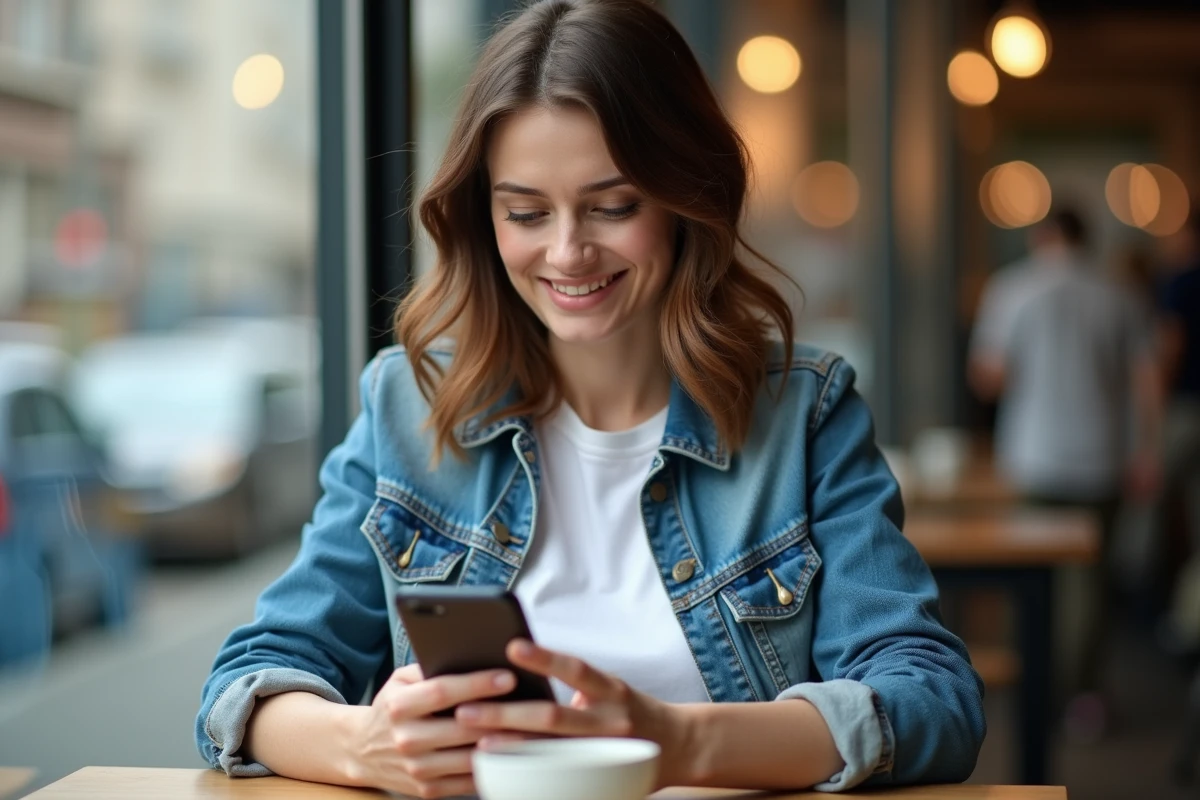 Femme comparant des forfaits mobiles Lycamobile sur son smartphone dans un café