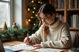 Femme créant un compte à rebours de Noël personnalisé sur un bureau en bois avec décoration hivernale
