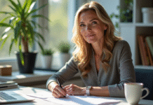 Femme confiante dans son 40s au bureau lumineux