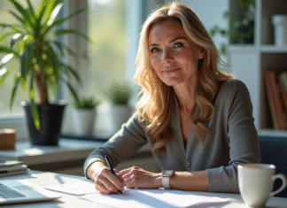 Femme confiante dans son 40s au bureau lumineux