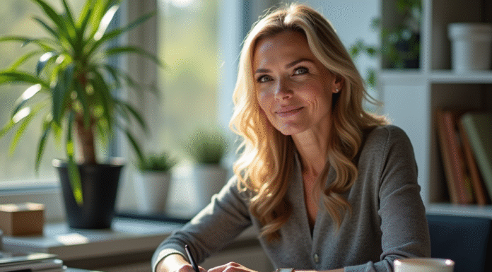 Femme confiante dans son 40s au bureau lumineux