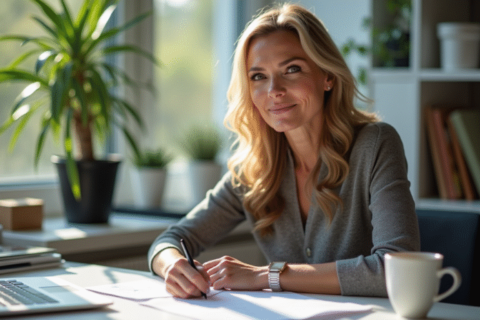 femme-confiance-bureau-lumiere-naturelle Femme confiante dans son 40s au bureau lumineux