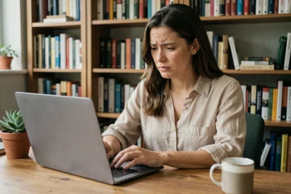 Femme consultant un site d'informations spécialisé sur son ordinateur portable dans un bureau à domicile
