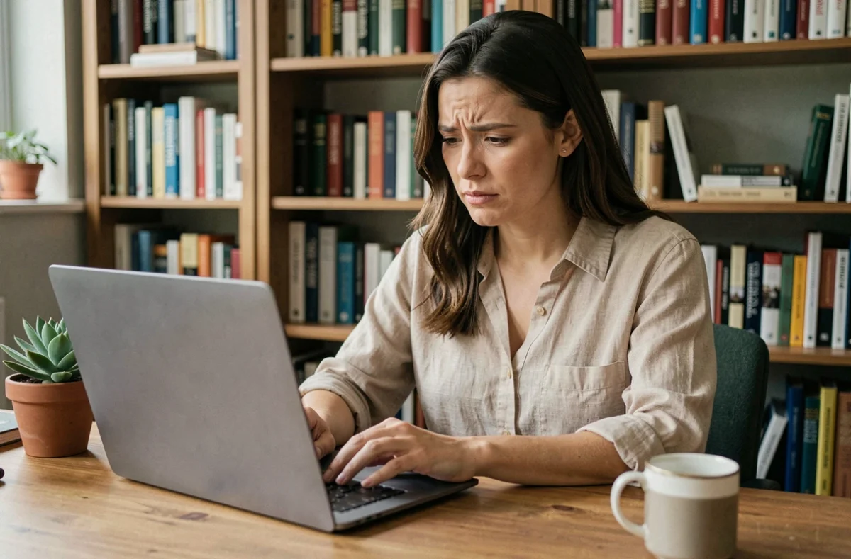 Femme consultant un site d'informations spécialisé sur son ordinateur portable dans un bureau à domicile