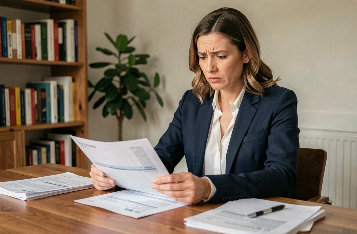Femme analysant un relevé bancaire pour contester un débit Clevya IBF à son domicile
