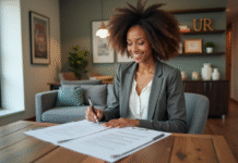 Femme souriante vérifiant un contrat de location dans un appartement moderne