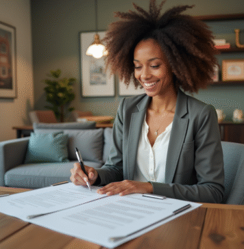 Rentabilité de la location meublée : conseils et avantages à connaître Femme souriante vérifiant un contrat de location dans un appartement moderne