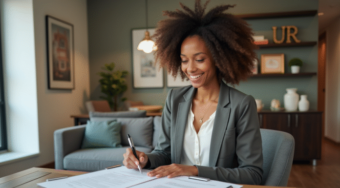 Femme souriante vérifiant un contrat de location dans un appartement moderne