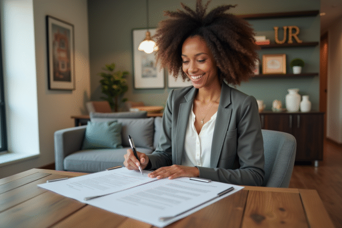 femme-contrat-location-apartment Femme souriante vérifiant un contrat de location dans un appartement moderne