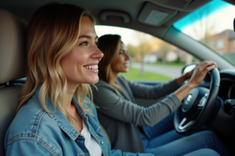 Femme souriante dans une voiture moderne en conversation