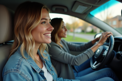 Femme souriante dans une voiture moderne en conversation