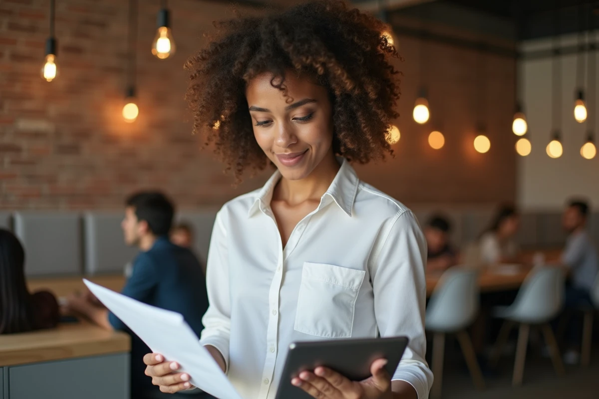 Jeune femme en espace de coworking comparant un document papier avec une interface de numérisation sur tablette, évoquant le choix entre scan logiciel et site web