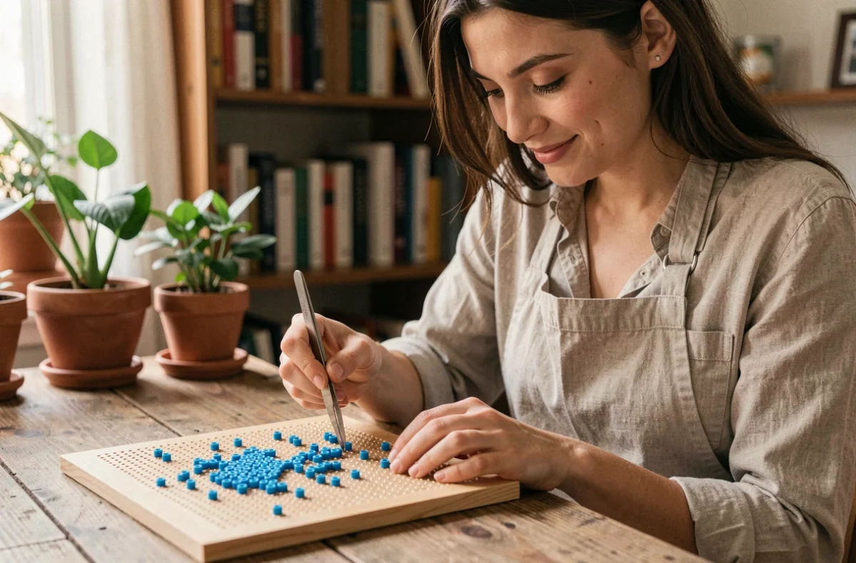 Femme plaçant des perles à repasser bleues sur une plaque pour créer un motif Stitch