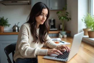 Femme assise à la cuisine utilisant un ordinateur portable