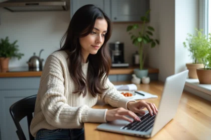 Femme assise à la cuisine utilisant un ordinateur portable