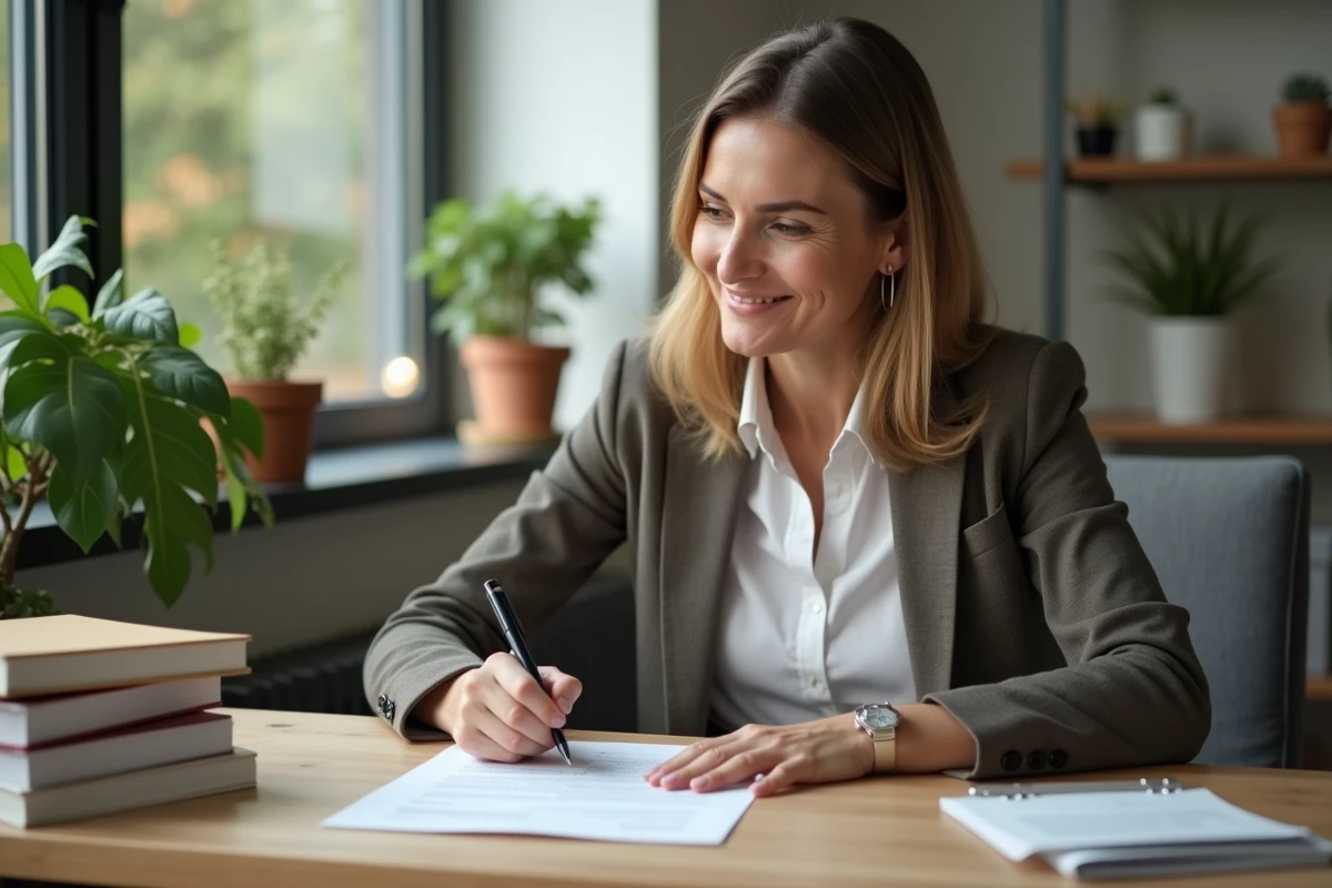 Femme d'âge moyen signant une lettre de démission dans un bureau moderne