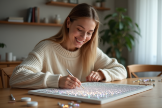 Femme souriante en sweater crème réalisant une peinture diamant
