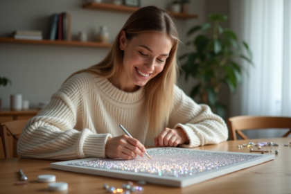 Femme souriante en sweater crème réalisant une peinture diamant