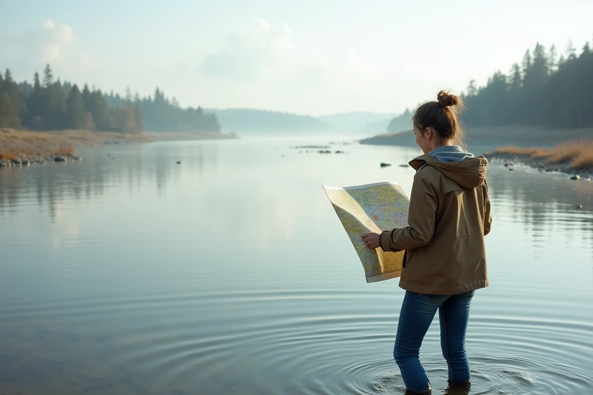 Jeune femme avec carte dans un delta de rivière