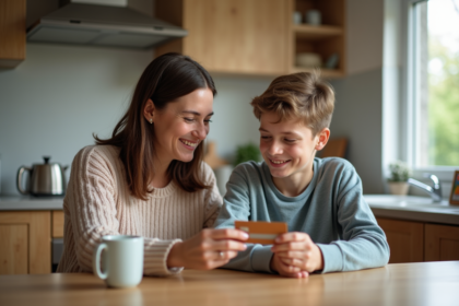 Femme et fille échangeant une carte bancaire à la cuisine
