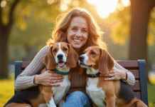 Femme heureuse assise sur un banc dans un parc avec deux beagles