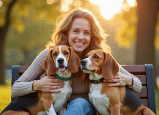 Femme heureuse assise sur un banc dans un parc avec deux beagles