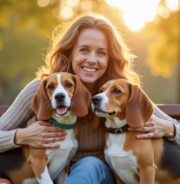Femme heureuse assise sur un banc dans un parc avec deux beagles