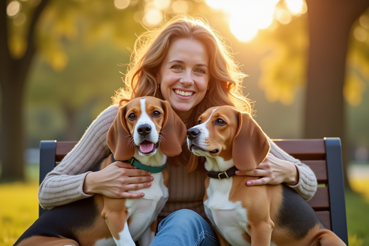 Femme heureuse assise sur un banc dans un parc avec deux beagles