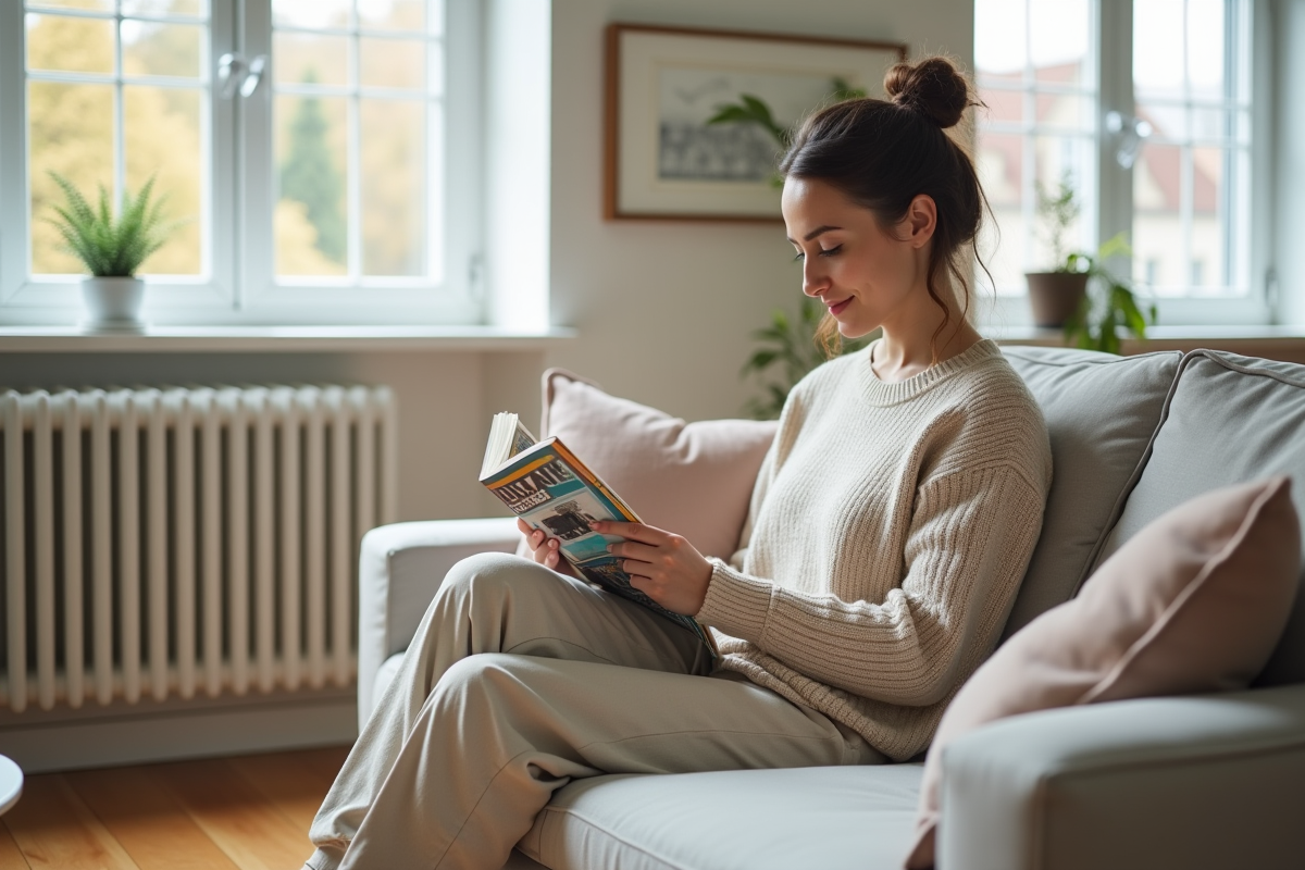 Femme lisant dans un salon scandinave moderne avec chauffage design