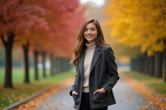 Jeune femme en blazer automne dans un parc