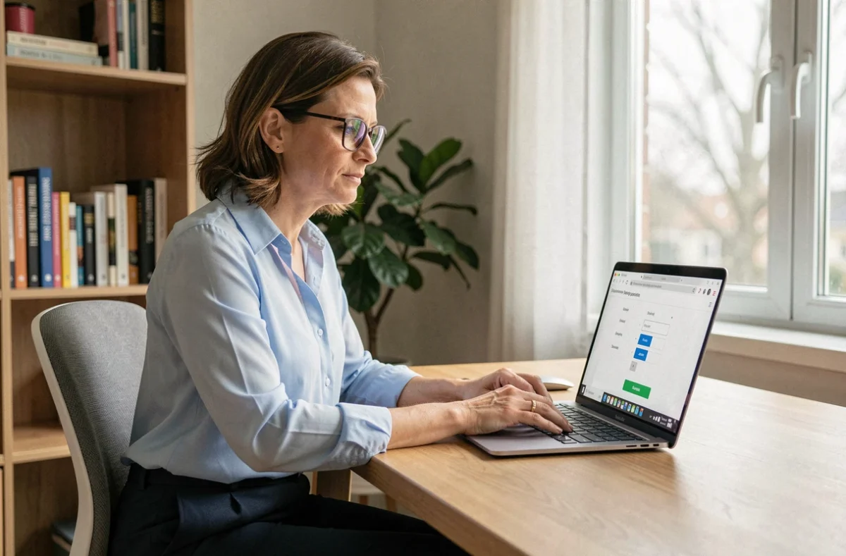 Femme utilisant un convertisseur de miles en kilomètres en ligne sur un ordinateur portable dans un bureau à domicile