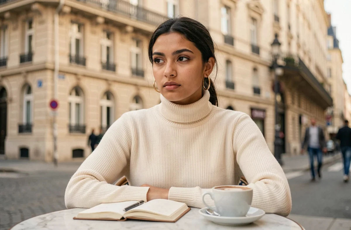 Jeune femme aux origines franco-maghrébines assise en terrasse de café parisien avec un carnet ouvert, regard pensif et expression authentique