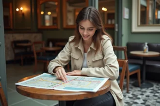 Jeune femme étudiant un plan de métro parisien imprimé dans un café parisien