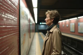 Femme consultant le plan du métro de Toulouse sur le quai d'une station souterraine du réseau Tisséo