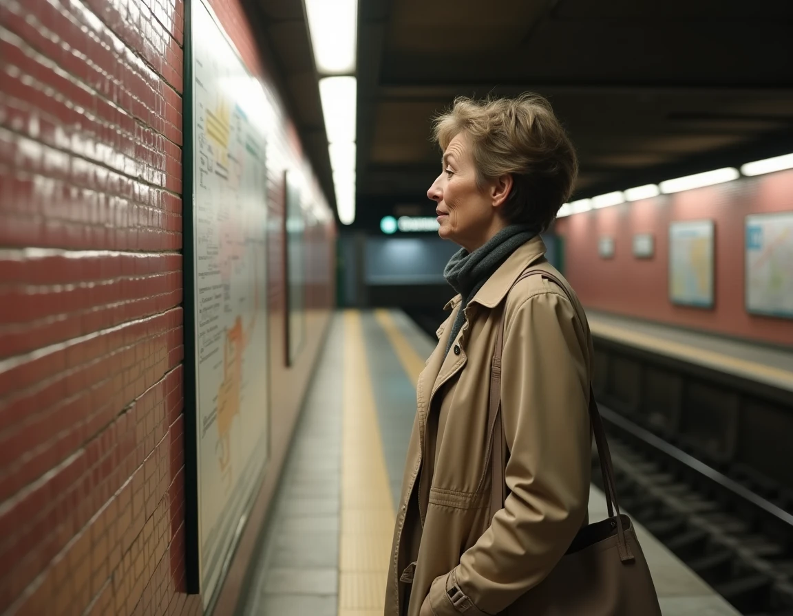 Femme consultant le plan du métro de Toulouse sur le quai d'une station souterraine du réseau Tisséo