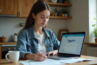 Jeune femme regardant ses documents de voyage et ordinateur