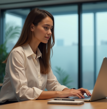 Augmenter la productivité au travail : conseils pratiques pour être plus efficace Femme en bureau moderne travaillant sur son ordinateur
