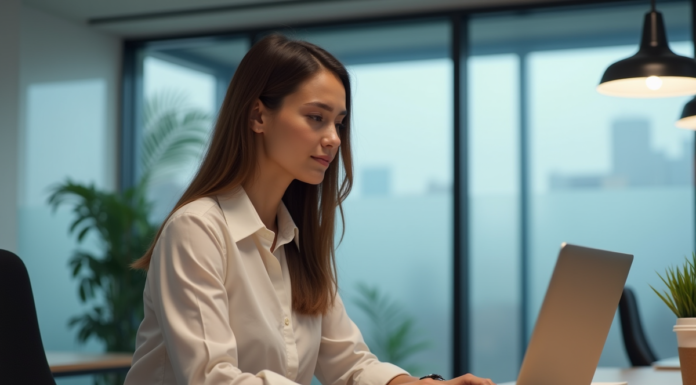 Femme en bureau moderne travaillant sur son ordinateur