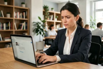 Femme professionnelle rédigeant un email formel avec attention sur un ordinateur portable dans un bureau moderne, illustrant la politesse et le soin dans la communication écrite par email