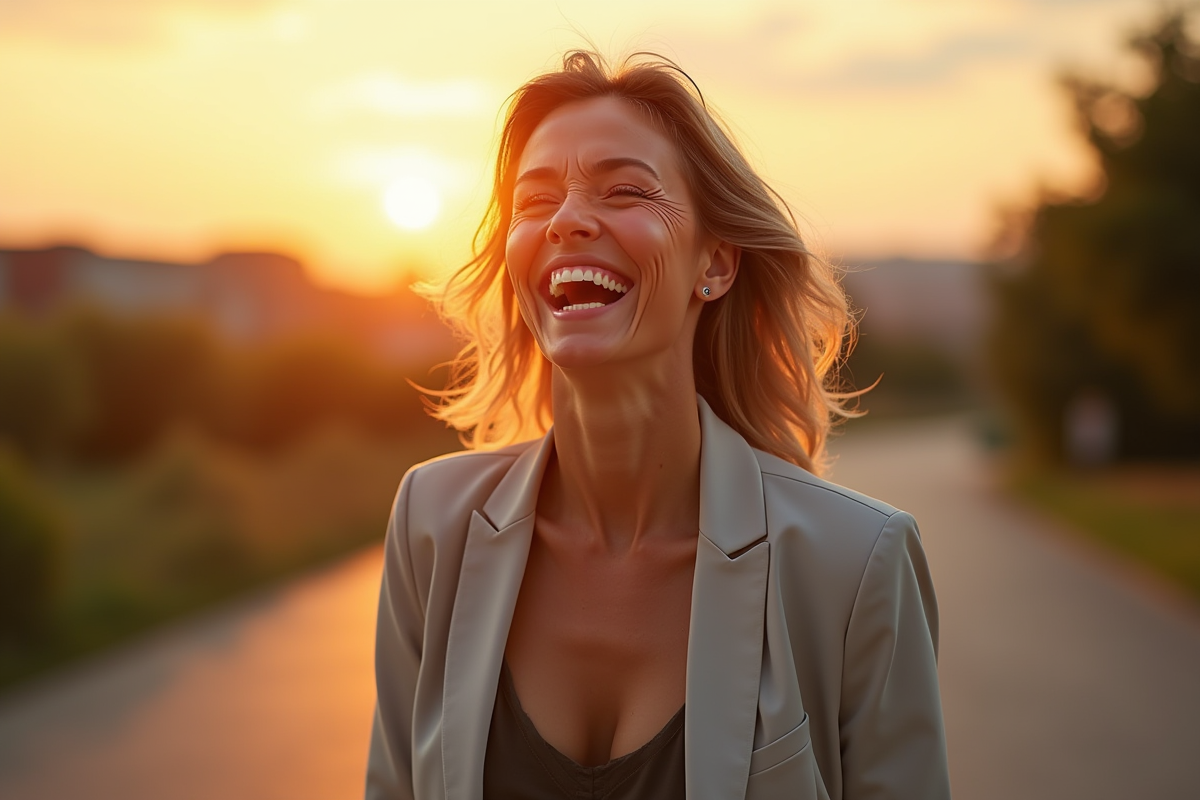 Femme souriante en extérieur lors du coucher de soleil