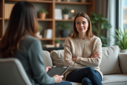 Femme en séance de thérapie dans un salon moderne