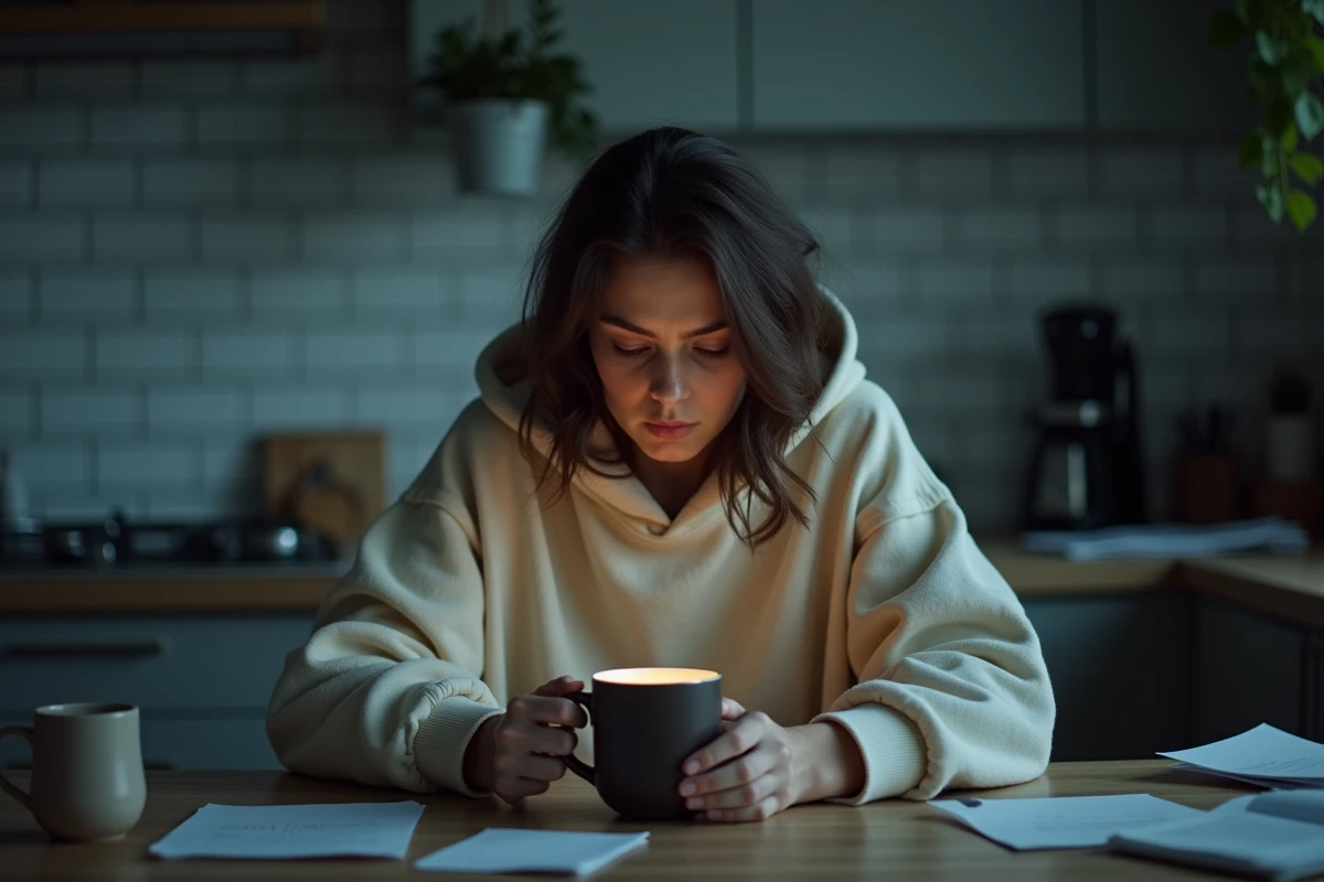 Femme seule la nuit à la cuisine tenant une tasse de thé et regardant son téléphone affichant 21h12, expression pensive après une dispute de couple