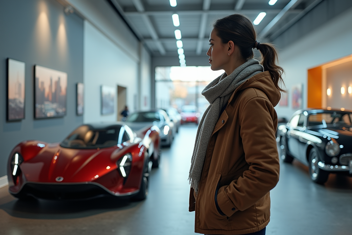 Jeune femme admirant une voiture concept dans un showroom moderne