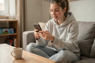 Jeune femme jouant à Monopoly GO sur smartphone pour obtenir des dés gratuits