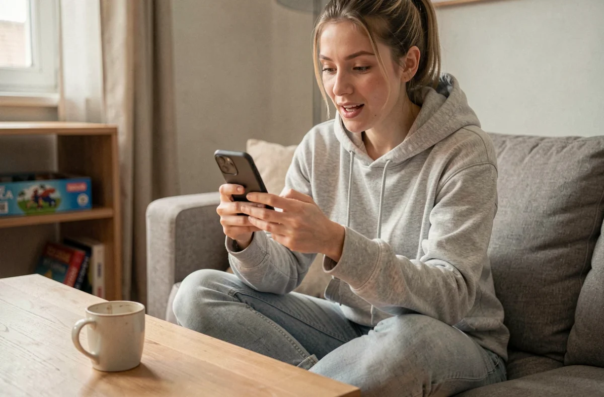 Jeune femme jouant à Monopoly GO sur smartphone pour obtenir des dés gratuits